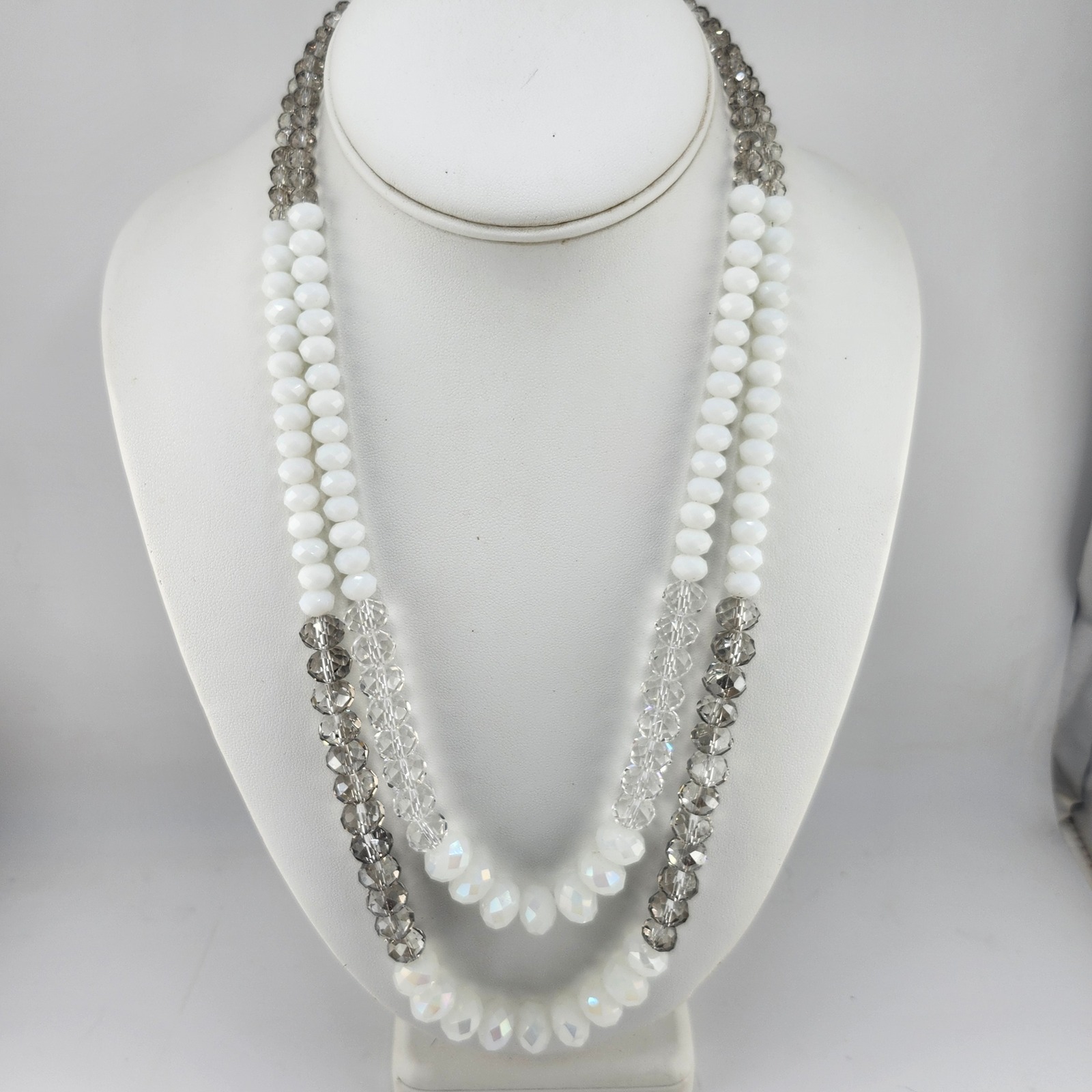 Ali Khan Double Strand Faceted Crystal Beads Necklace White Gray Sparkle